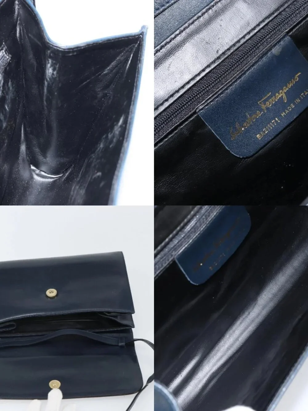 Salvatore Ferragamo Shoulder Bag Leather Navy Gold Auth 166744